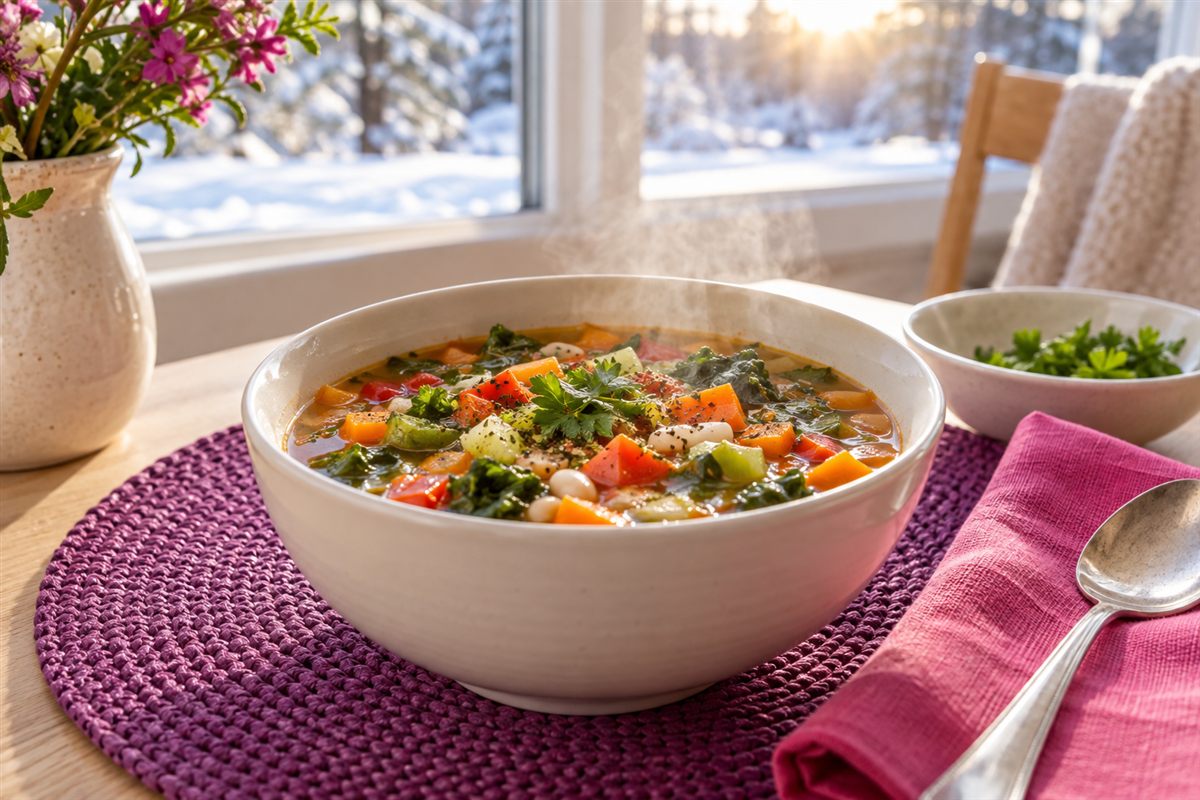 "Women having a bowl of nutritious vegetable soup for winter weight loss and healthy eating."
