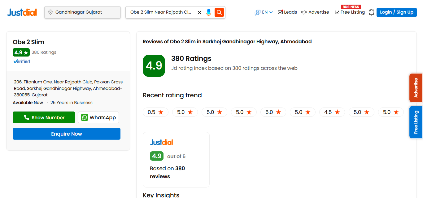Obe2Slim JustDial Ratings: 4.9/5 (380+ Reviews)