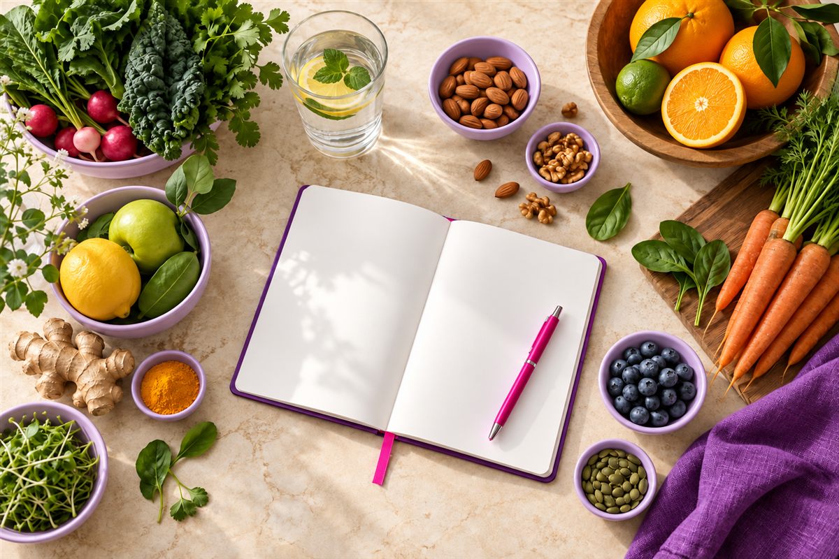 Fresh ingredients and a journal for healthy living